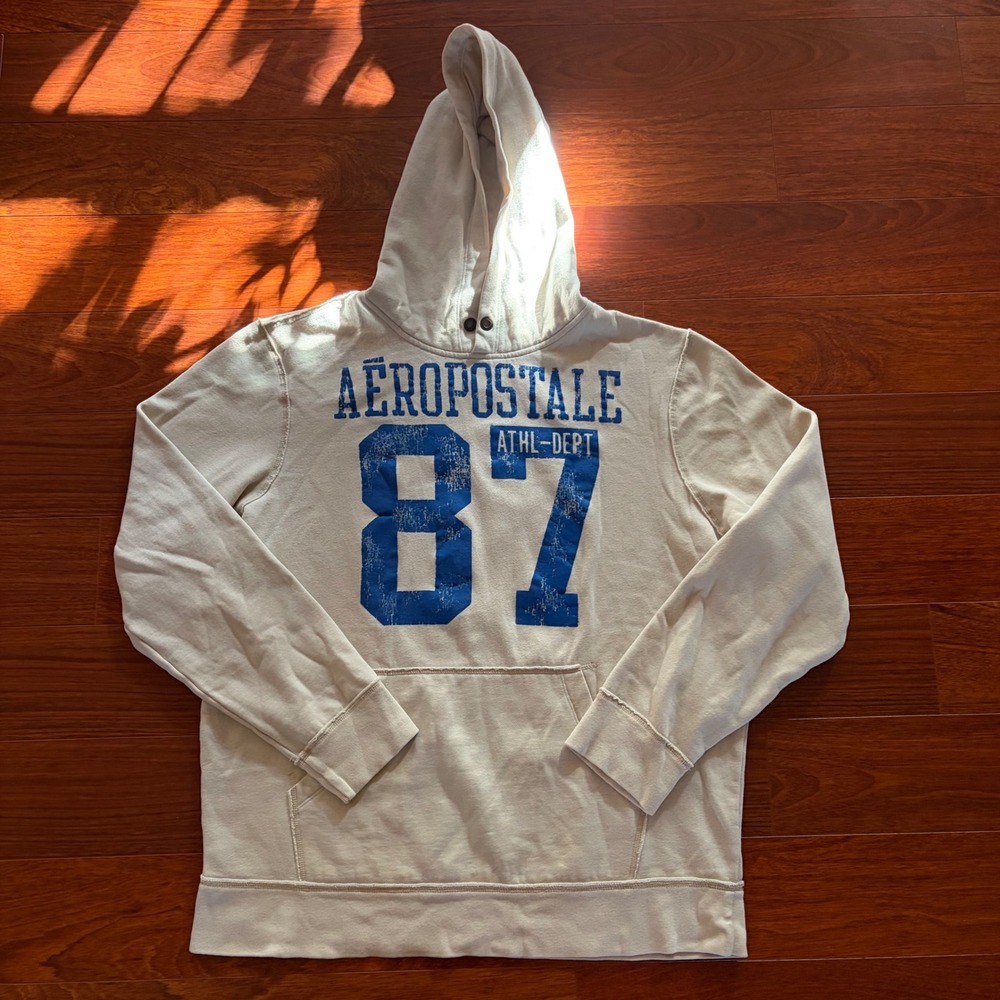 Aeropostale Mens Hoodie XL Cream Blue Distressed Varsity 87 Graphic Pullover Y2K